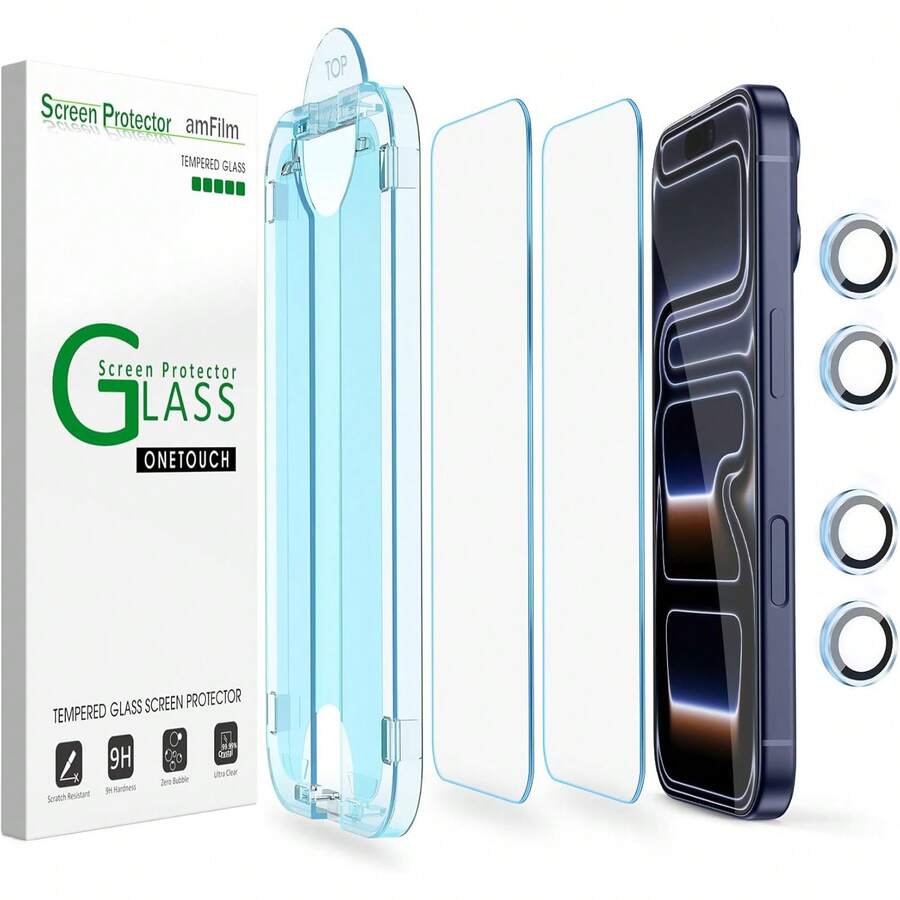 amFilm [2+4 Piezas] OneTouch Compatible con iPhone 17 Pro Max 6.9'' (2025) Protector de Pantalla, Mica Cristal Vidrio Templado,con Protector de Lente de Cámara, Instalación en 30 Segundos - IPH15-6.7" - Ver 1