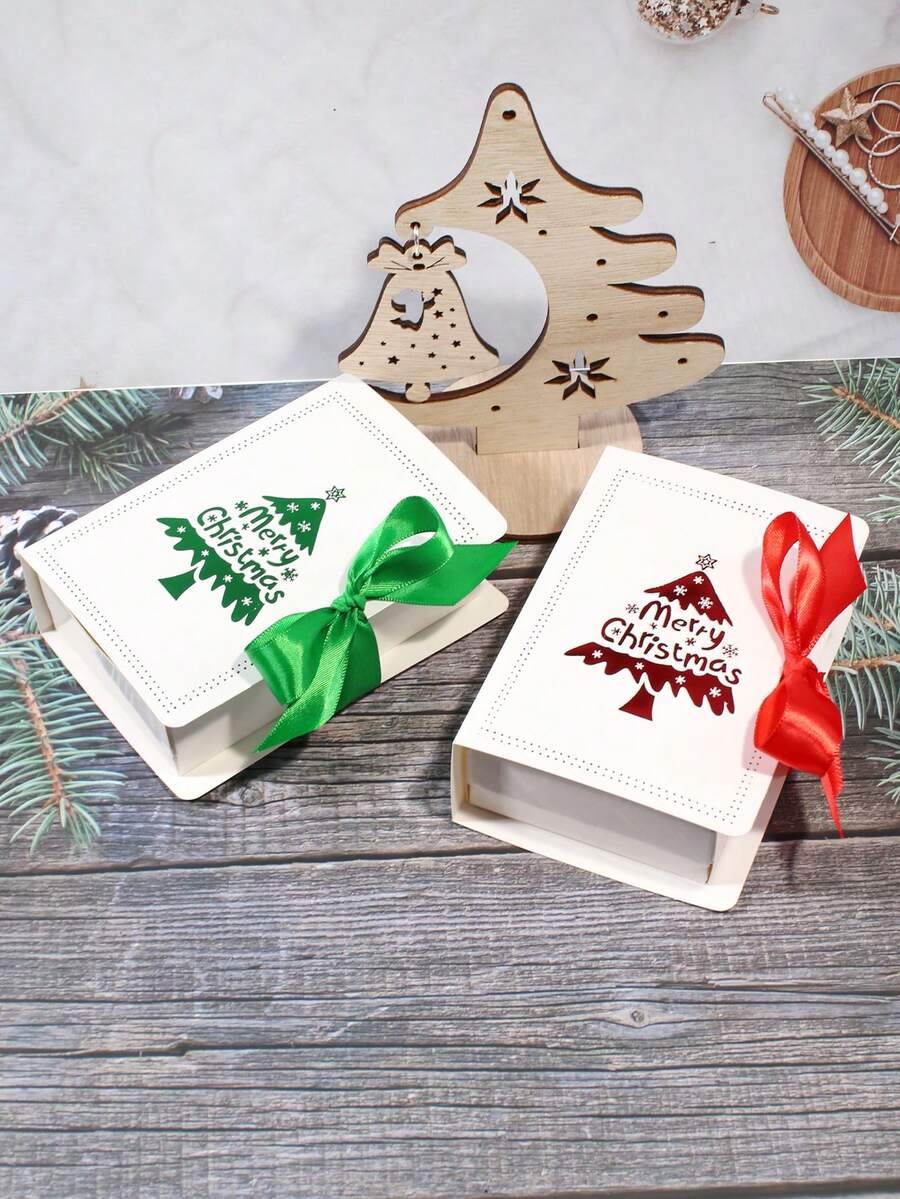 5pcs Christmas Tree Gift Box With Ribbon, Book Style Favor Box For Holiday Candy, Cookies, Chocolates, Elegant Merry Christmas Packaging, Design, Perfect For Xmas Party, Wedding, Family Celebration, Gift Wrapping