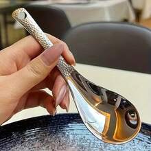 Earl Hammer Pattern High Gloss Stainless Steel Spoon Set - Large Capacity Deep Bowl, Mirror Polished Cutlery, Suitable For Desserts, Fruits And Home Kitchen Use - Silver - View 5