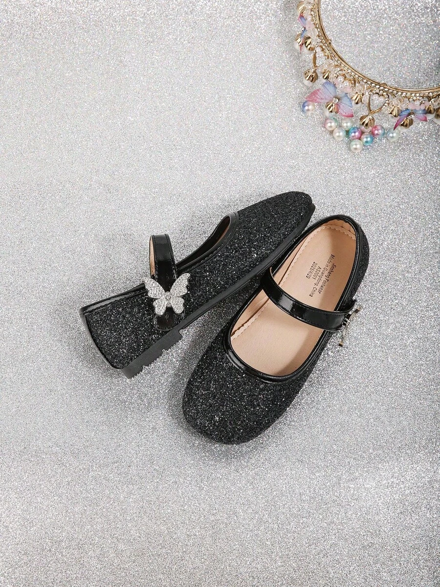 1 Pair Glitter Bow Decor Mary Jane Flat Shoes For Girls, Versatile For Spring/Summer/Fall, Suitable For Daily Wear, Performance, Wedding, Party - Black - View 1