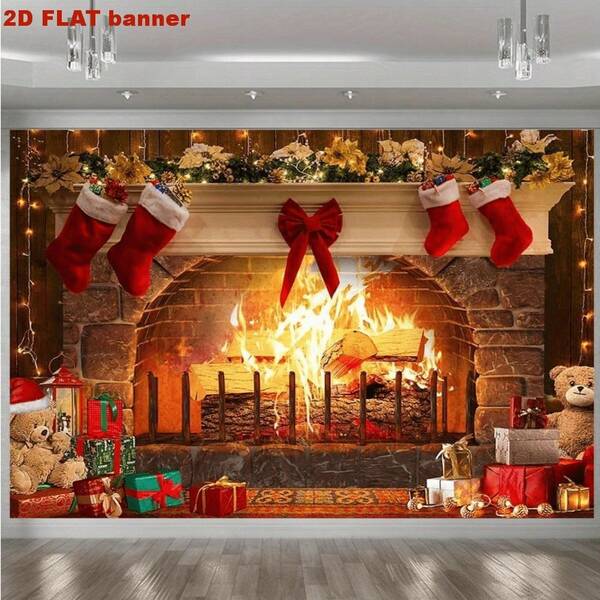 Telón de fondo de escena plana en 2D de chimenea navideña, de tela duradera para interior/exterior, adecuado para fiestas de Navidad, bodas, cumpleaños y días festivos, decoración navideña multiusos para crear una atmósfera acogedora, decoración de fondo perfecta