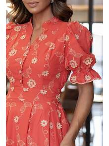 Elegant Midi Dress In 3D Embroidery, Lined, Princess Puff Sleeve, Ruffle Hem - 紅橙 - 查看 3