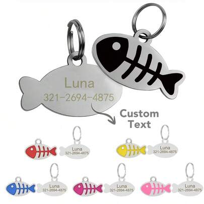 1 pieza Etiqueta de identificación personalizada de hueso de pescado tallado para gato, etiqueta de identificación de mascota personalizada, collar para gato, aleación de metal duradera grabada con el nombre del gato, dirección de hogar y teléfono del propietario, etiqueta anti-pérdida para gato, regalo para gatos