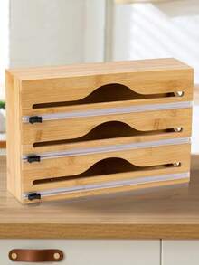 1 Stück multifunktionaler Edelstahl Frischhaltefolie Schneider, unverzichtbares Holz Küchenarbeitsplatten Gadget, wandmontierte Bambus Schubladenbox, Küchen Frischhaltefolie & Alufolie Schneider