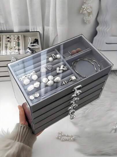 1 Piece, 5-Layer 7-Grid Velvet Jewelry Box Drawer-Style Jewelry Box Ring Box Earring Storage Box Drawer-Style Jewelry Storage Box, 3-Layer Transparent Plastic And Velvet Drawer Jewelry Storage Box