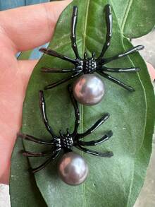 2入組優雅萬聖節主題黑色仿珍珠蜘蛛和昆蟲吊墜耳環,時尚女性日常佩戴