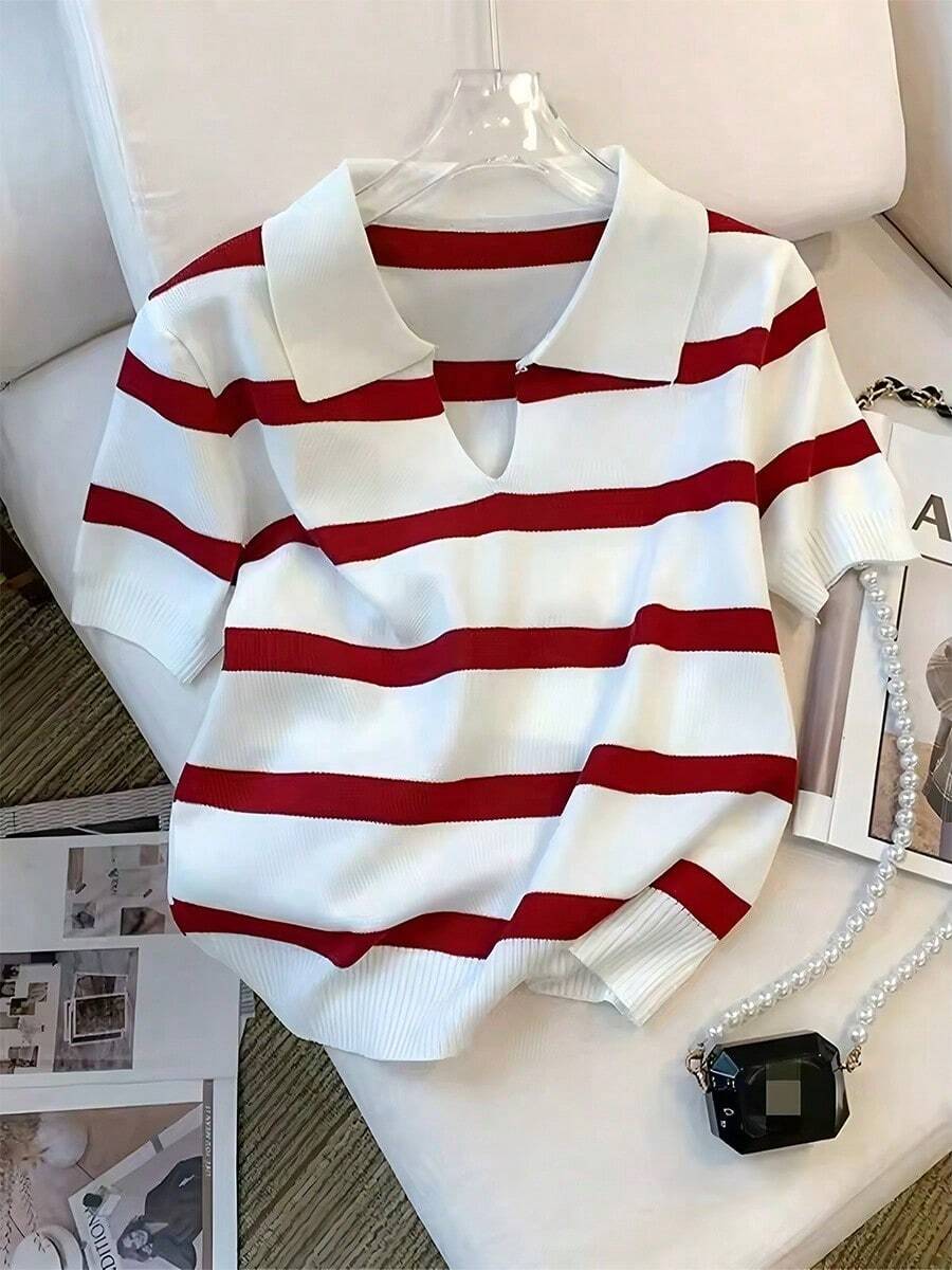 Camiseta casual de verano para mujer, moderna, de manga corta, con estampado a rayas de cereza - Rojo - Ver 1
