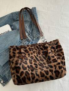 Autumn New Leopard Print Large Bag, Plush Shoulder Bag, Fashion Large Capacity Chain Strap Crossbody Bag, Dual Handle Leopard Faux Fur Casual Tote Shoulder Bag For Women