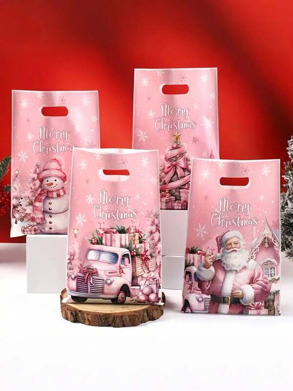 10/25/50 Fengrise Pink Christmas Plastic Gift Bags With Light Pink And White Snowflake And Heart Designs, "Merry Christmas" Message, Opening With Hanging Loop - Durable Reusable Party Bags For Christmas, New Year