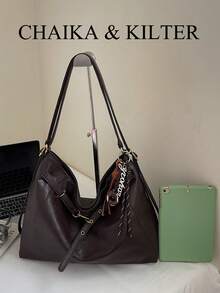 1 chiếc túi đeo vai CHAIKA & KILTER bằng da PU màu trơn, túi hobo cỡ lớn phong cách vintage thường ngày dành cho nữ, trang trí quai xách bằng khoen, dây đeo vai có thể điều chỉnh, khóa kéo, phù hợp cho mua sắm và đi làm hàng ngày. - Cà phê - Xem 4
