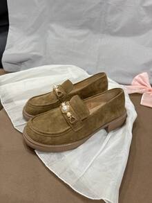 Comfortable Women's Flats, Deep Mouth Thermal Lining For Autumn/Winter, Faux Pearl Metal Decor, Soft Flat Oxfords, Elegant Casual Versatile For All Occasions