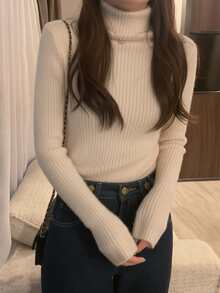 Áo len dài tay cổ lọ màu trơn đơn giản dành cho nữ, mùa thu/đông - Màu be - Xem 2