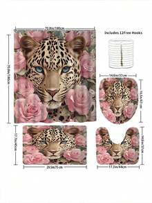 Rideau de douche imprimé léopard et rose rose avec 12 crochets en forme de C - Imperméable, lavable en machine, décoration de Noël imprimée animale