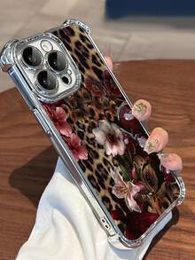 1pc Leopard Cherry Flowers Compatible With Apple Phone17/16/15/14/13/12/11/ProMax/Pro/Plus/Xs Max/XS/X,Four Corner Anti Fall Transparent Soft Shell Anti-Slip, Anti-Drop, Camera Lens Protection, Silicone Anti Wear Phone Case - 銀色 - 查看 2