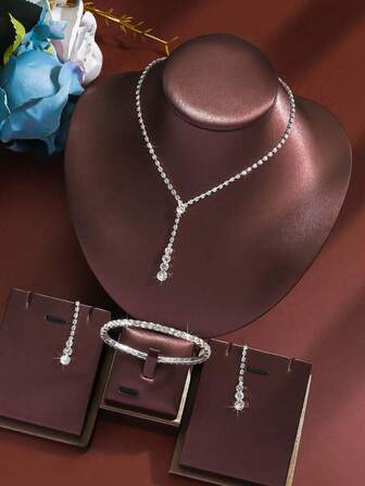 3pcs Teardrop Jewelry Set: 1pc Necklace + 1 Pair Earrings + 1pc Bracelet, Suitable For Party, Gala, Wedding, Bridal