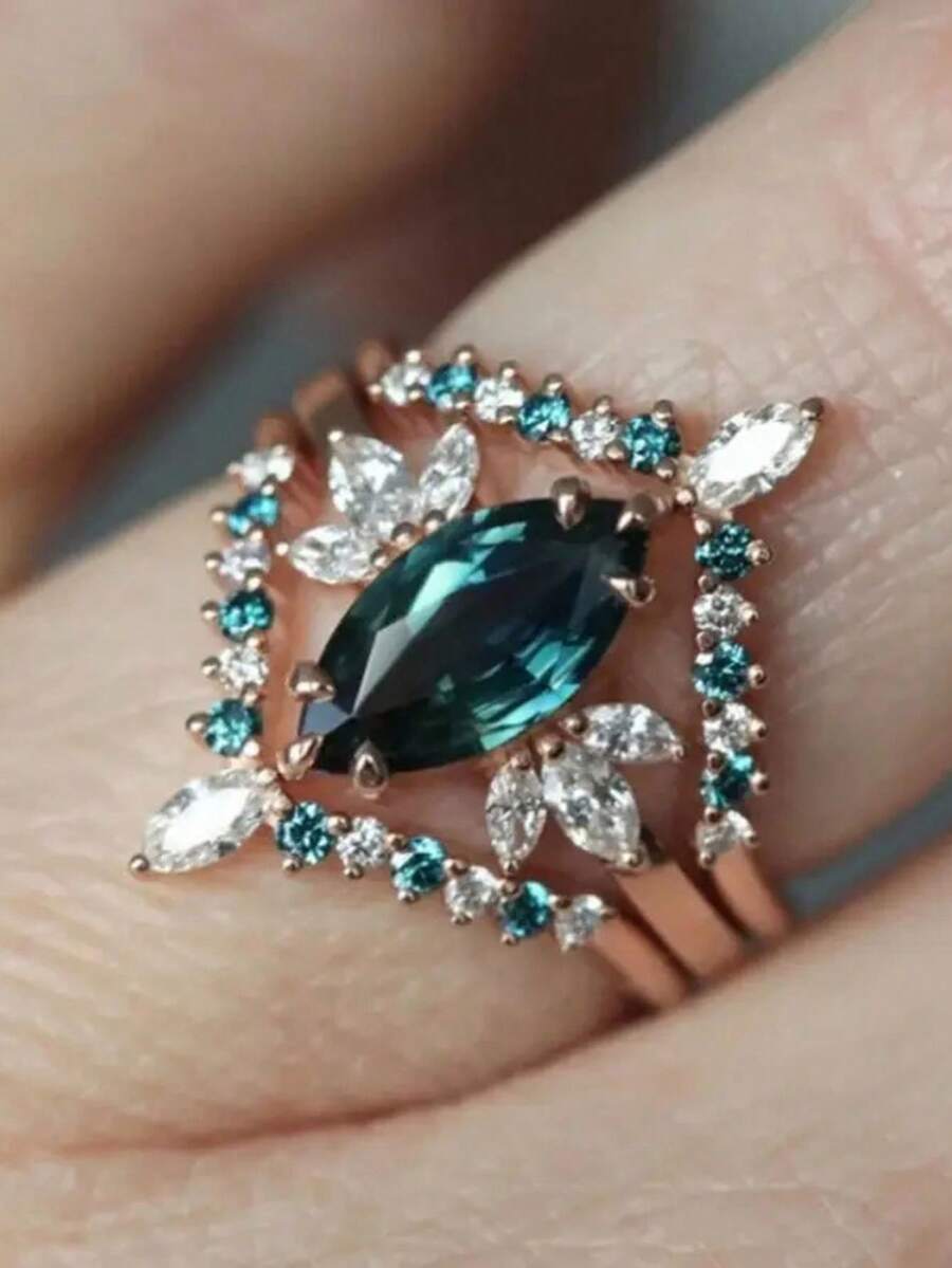 3 Pcs/Set Gorgeous Cubic Zirconia Ring Set For Women For Wedding Engagement Anniversary Jewelry Valentine's Day Gift - Rose Gold - View 1