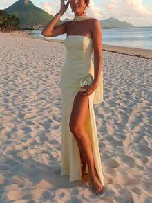 Elegant Strapless Slit Gown - Minimalist Bandage Dress With Flowing Sash, Sexy Evening Dress For Galas & Red Carpet - 黃色 - 查看 1