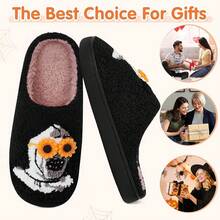 Pantuflas de calabaza de felpa acogedoras de Halloween, diseño esponjoso antideslizante - Cabeza de girasol negra - Ver 3