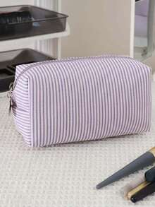1pc Striped Makeup Storage Bag, Fashionable Striped Storage Bag, Large-Capacity Stationery Storage Pencil Case, Zipper Storage Makeup Bag, Convenient Toiletries Storage Bag, Dressing Table Makeup Brush Storage Bag