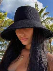 1 Pc Women's Spring/Summer Straw Hat, Large Brim Beach Hat Vacation And Outdoor - Màu be - Xem 3