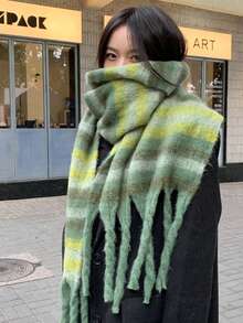 1pc Women Green Messy Braid Fleece Striped Knit Scarf For Dress