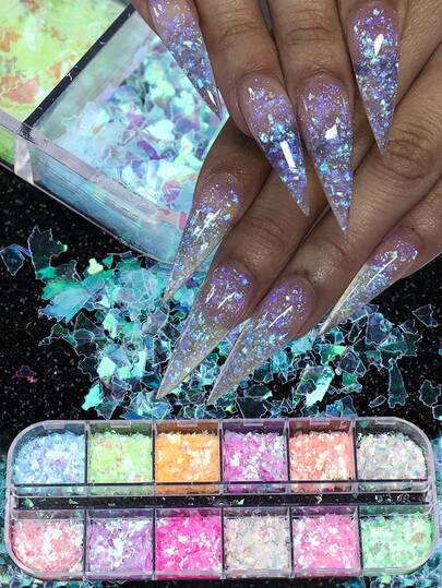 12 Colors Holographic Chameleon Opal Nail Powder, Rainbow Gradient Nail Glitter, Mermaid Nail Sequins, Nail Art Decorations Nails