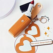 Solid Color Long Lipstick Makeup Bag + Heart-Shaped Small Mirror Pendant] Lipstick Storage Tool, Mini Lip Balm Organizer For On-The-Go Touch-Ups, Travel-Friendly Gift For, Faux Leather Coin Purse, Keychain Storage Bag - 紅色 - 查看 3