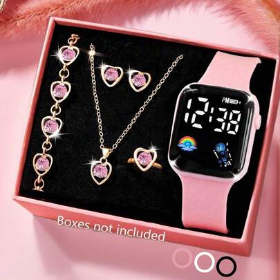 6件套可爱时尚女童LED彩虹数字显示电子手表，适合女孩佩戴，包含手链、项链、戒指、耳环套装，适合学生，完美适用于学校、派对、旅行和日常生活。毕业季、情人节、圣诞节、斋月期间的理想礼物，送给女孩的完美礼物（不含包装盒）。