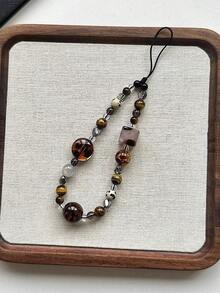 Retro Brown Leopard Print Cat Beaded Phone Lanyard, Elegant Short Wrist Strap Beaded Chain Camera Charm Pendant For Women - 棕黑色 - 查看 2