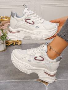 Women's Solid Color Thick Sole Sneakers With Front Tie Closure, Outdoor Tennis Shoes With Mesh Detailing, Khaki