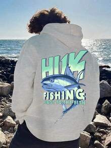 1pc Teen Boy Stylish Fishing - Element Light Gray Sweatshirt, Soft - Textured, Great For Leisure Time In Spring And Autumn - Grey - View 1