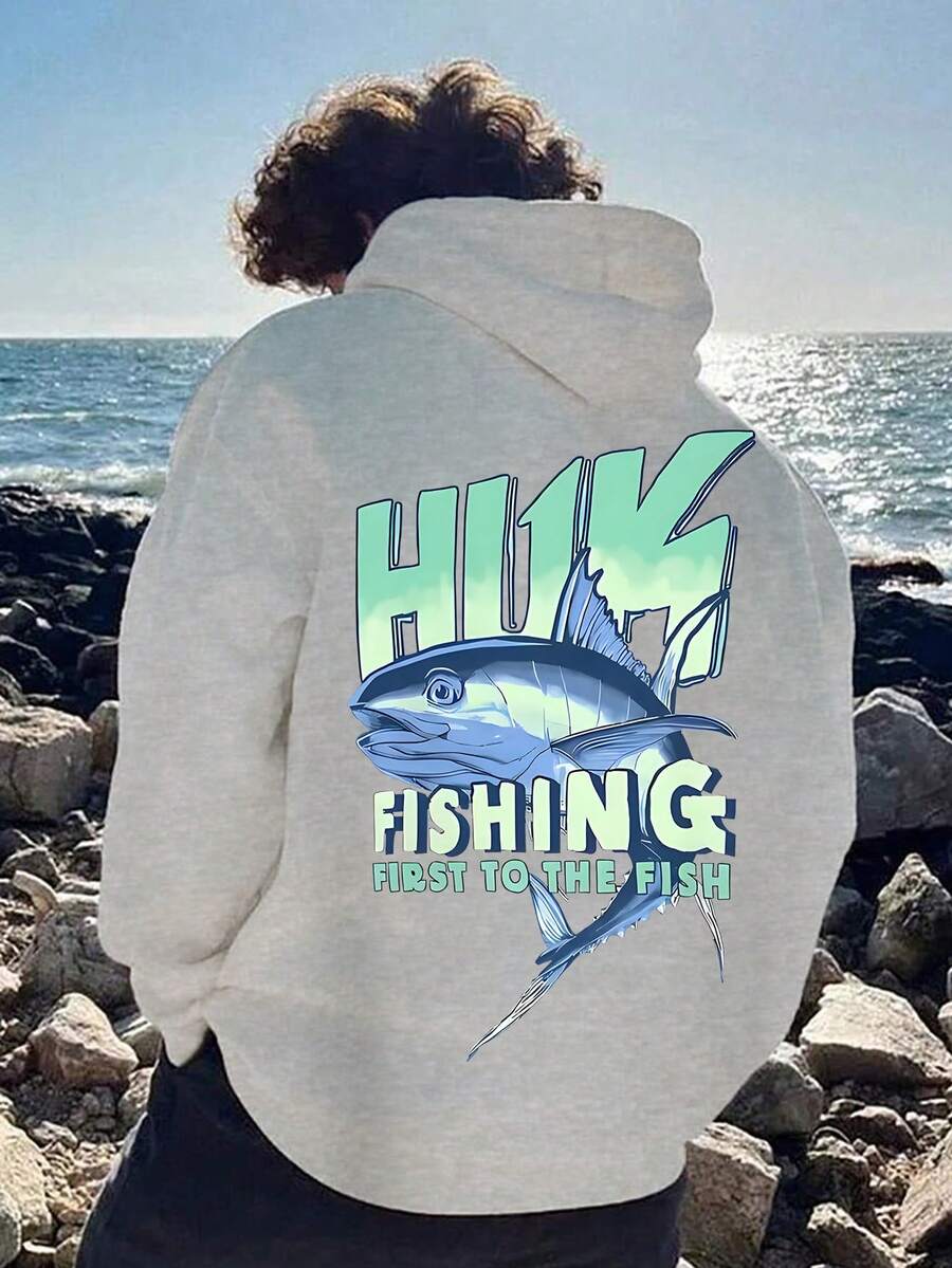 1pc Teen Boy Stylish Fishing - Element Light Gray Sweatshirt, Soft - Textured, Great For Leisure Time In Spring And Autumn - Grey - View 1