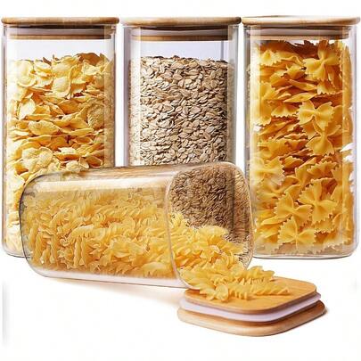 Square Glass Jars With Bamboo Lids 53 FL OZ [Set Of 4] Glass Canisters With Airtight Lid Glass Food Storage Containers For Pasta Cereal Coffee Flour Sugar Best For Kitchen Pantry