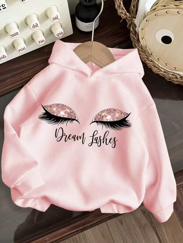 1pc Young Girl Casual Printed Hooded Sweatshirt, Thermal Lined, Long Sleeve, Autumn/Winter, Student Wear - Lovely Eyes With Long Lashes Design, Comfortable Outerwear