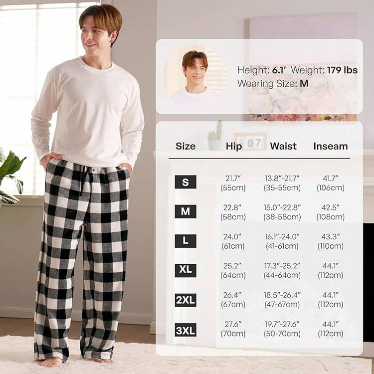 Mens Pajama Pants Soft Flannel Fleece Pajama Bottoms Sleep & Lounge Pants With Pockets And Drawstringhalloween - Black and White Plaid - View 2