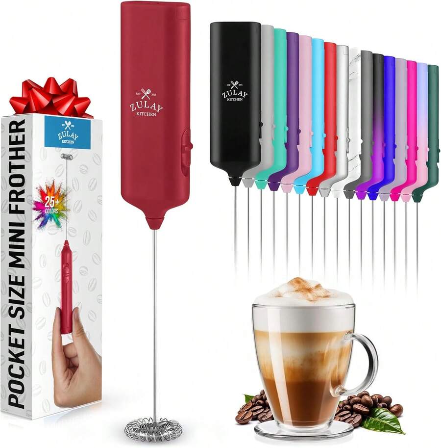 Powerful Milk Frother Wand - Mini & Mighty Handheld Drink Mixer - Portable Coffee Frother For Latte, Cappuccino, Matcha, Hot Chocolate, Creamer - Cranberry