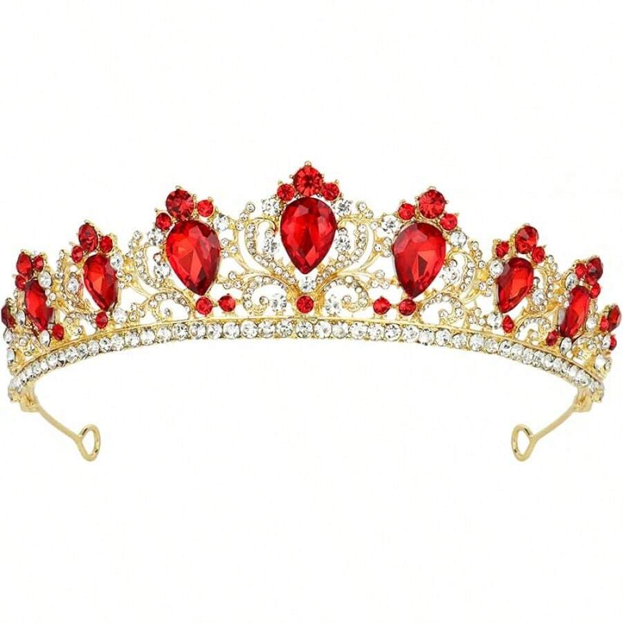 Rhinestones Tiara For Women Girls - Gold and Red Rhinestones - View 1