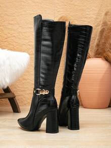 Botas hasta la rodilla de mujer de nueva moda con estampado de cocodrilo en negro, tacón grueso, puntera puntiaguda y cremallera lateral, adecuadas para otoño/invierno, Halloween, Navidad, Acción de Gracias y Año Nuevo