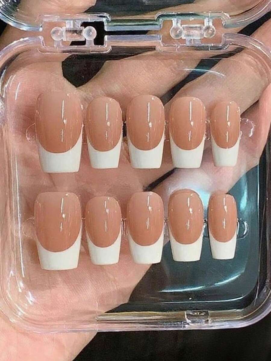 10pcs Classic French Nude Color Nail Stickers, Handmade Y2K Style Nail Stickers, Nail Wraps, Press-On Nails Nail Supplies - White - View 1