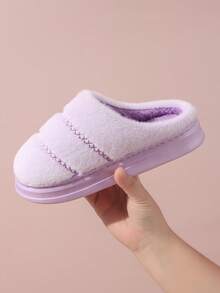 女士厚底拖鞋保暖毛绒拖鞋新款室内抓绒拖鞋秋冬防滑情侣拖鞋 - 紫色 - 查看 4