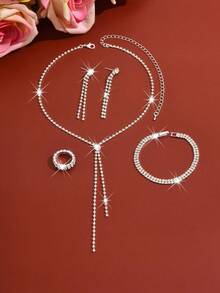 欧美风极简爪链项链、耳环、手链、戒指首饰套装，新娘婚礼派对礼服配饰 - 彩色 - 查看 5