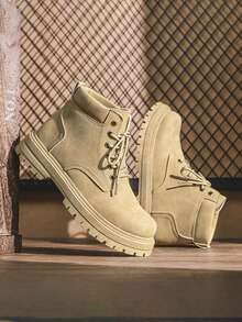 Autumn Leather High-Top Outdoor Boots For Men, Anti-Slip & Durable Thick Sole Work Boots (Random Stripe, Line, Letter Or Asymmetrical Pattern On Shoe Upper)