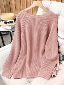 Plus Size Casual Round Neck Bowknot Contrast Color Knit Pullover Sweater - Dusty Pink - View 2