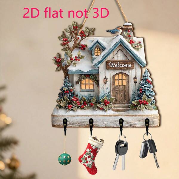 2D Flat, 1 peça, Vila Bonita - Porta-chaves multifuncional de madeira com 4 ganchos de metal, decoração de parede, decoração de varanda, decoração de quarto, decoração de vila, decoração de casa para todas as estações, melhor presente para Halloween, Natal