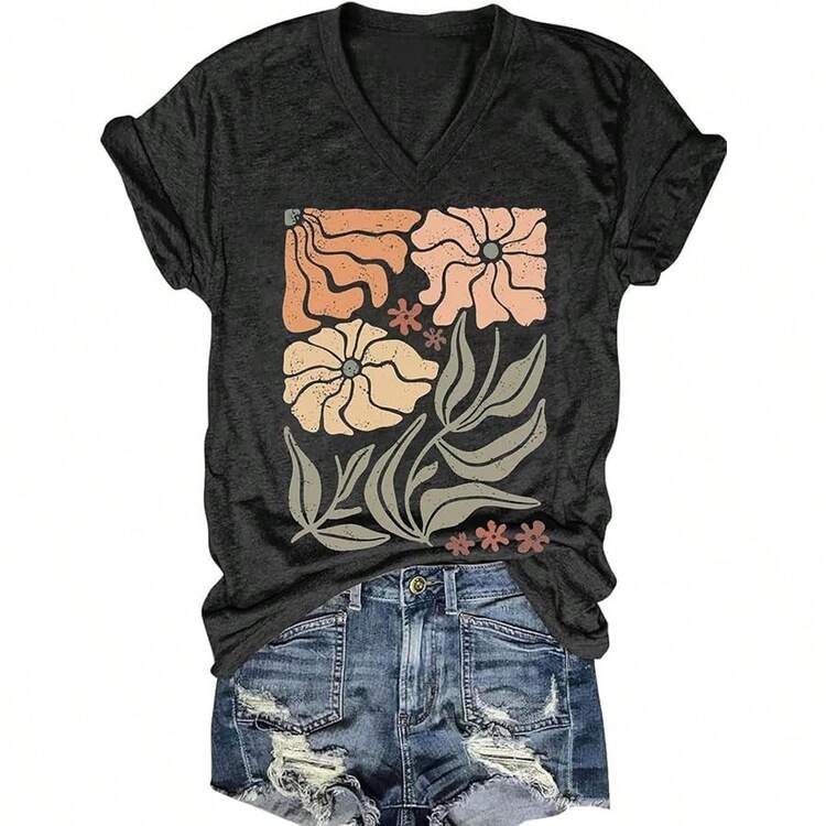 Womens V-Neck T-Shirt Flower Graphic Tees Summer Fashion Boho Tops Tshirts Loose Casual Wildflower Beach T Shirts - Xám đậm5 - Xem 2