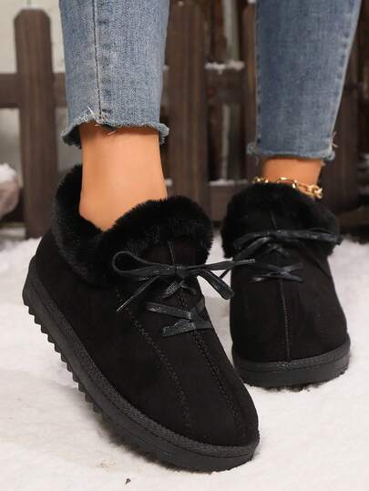 女士秋冬新款平底保暖内衬厚款经典黑色系带拖鞋 - 休闲散步，轻便舒适，耐用橡胶鞋底，适合休闲散步鞋，舒适的日常鞋履