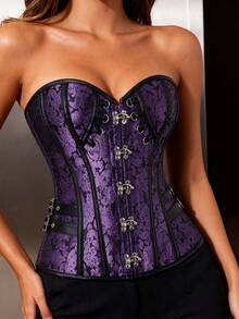 Top corset steampunk, gaine amincissante, boucle latérale, bustier à fermeture éclair jacquard vintage, style gothique à laçage dans le dos, corset ajusté pour le bal masqué - Prune - Voir 10