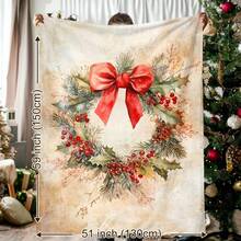 Gemütliche Weihnachts-Flanelldecke - Vintage-Aquarell-Design Mit Stechpalmenbeeren & Rotem Band, Weich & Warm Für Nickerchen, Camping, Reisen, Bürodekoration - Perfektes Weihnachtsgeschenk, Ideal Für Weihnachten