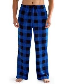 Mens Pajama Pants Soft Flannel Fleece Pajama Bottoms Sleep & Lounge Pants With Pockets And Drawstringhalloween - 黑色和藍色格子 - 查看 1