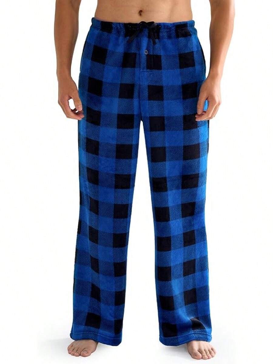 Mens Pajama Pants Soft Flannel Fleece Pajama Bottoms Sleep & Lounge Pants With Pockets And Drawstringhalloween - 黑色和藍色格子 - 查看 1